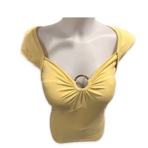 CACHE Silk Blend O-Ring Top Medium Pale Yellow Knit Cap Sleeve Y2K Coquette
